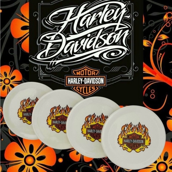 Harley-Davidson Motorcycle Flame Logo Set Of 4 Ceramic Cork Coasters - Picture 1 of 12